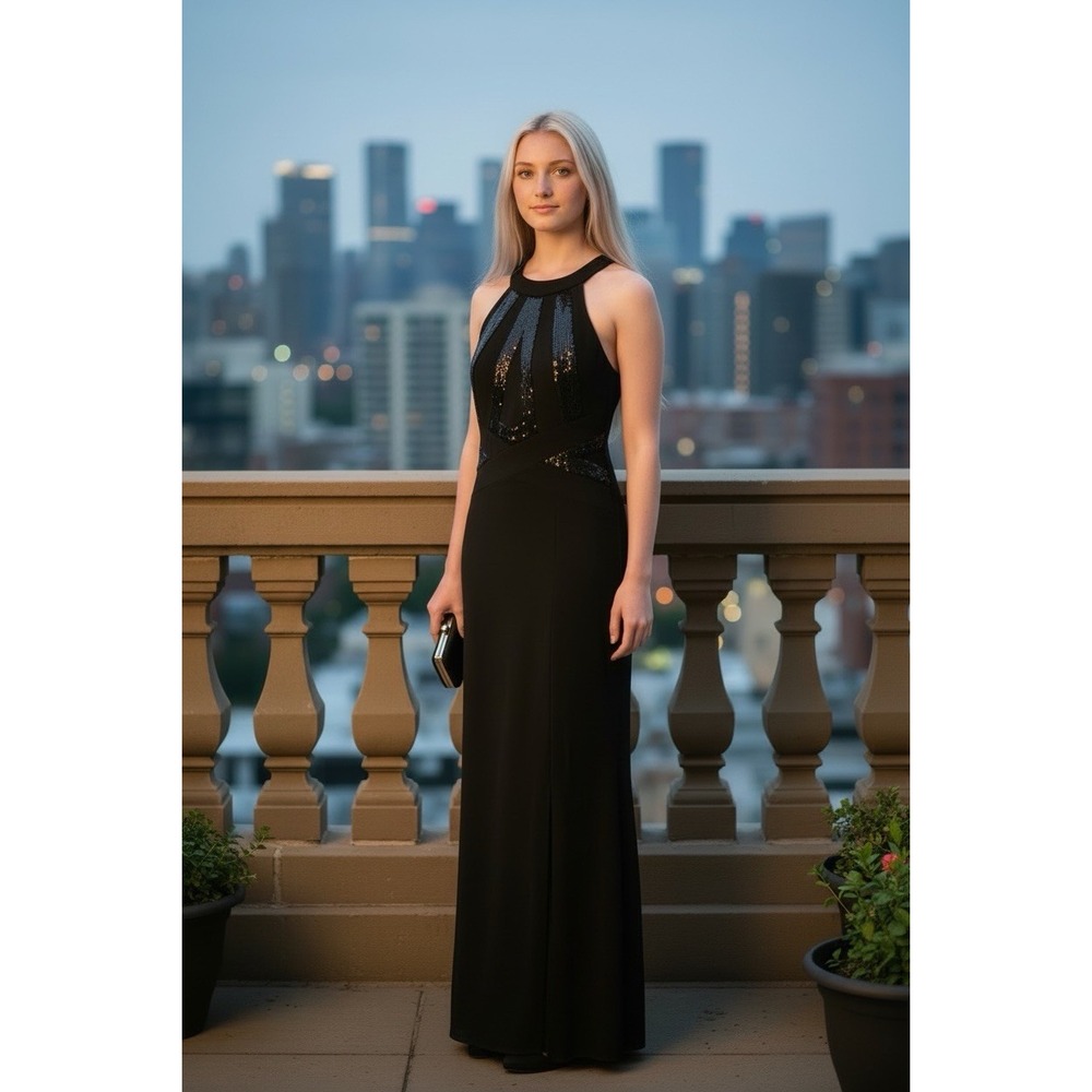 Vintage Y2K Morgan & Co. Black Open Back Gown Black Prom Size 9 10 With Shawl